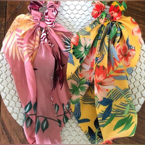 Colorful floral beach tropical yellow and pink silky scarf scrunchie set - Picture 1 of 1